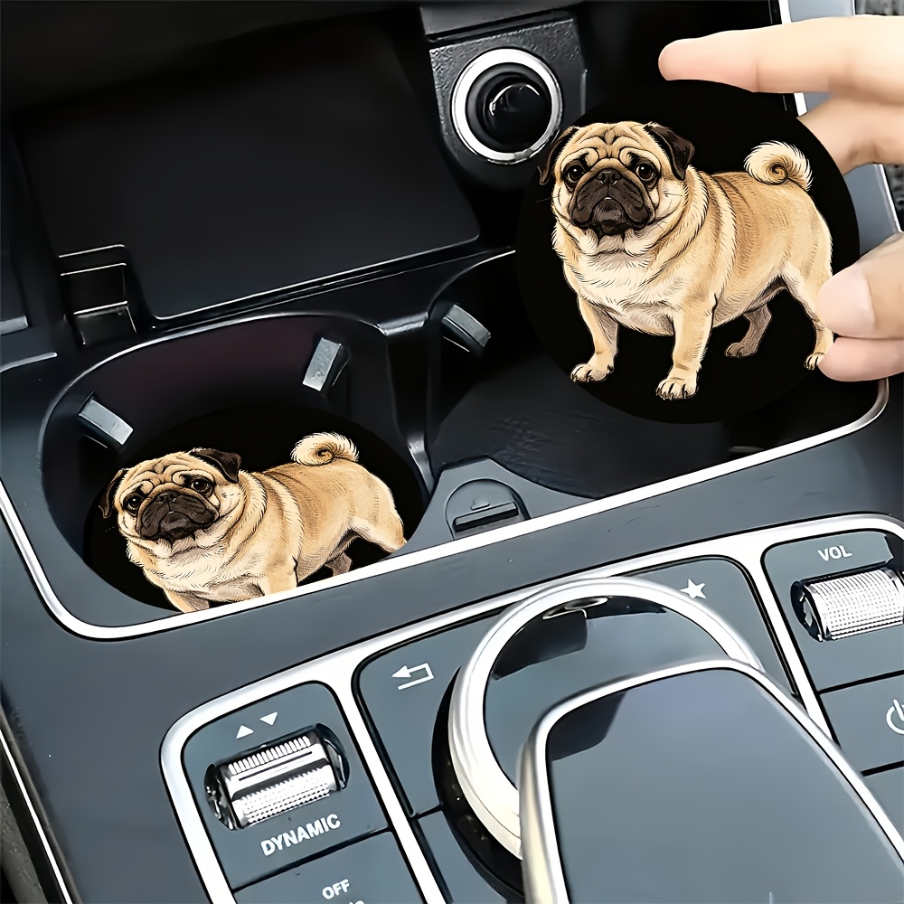 TEMU 2pcs Cute Pug Standing Pose Printed Car Coasters, Non-slip Durable And Easy To Clean, Cup Holder Decoration, Suitable For Daily Commute, Long