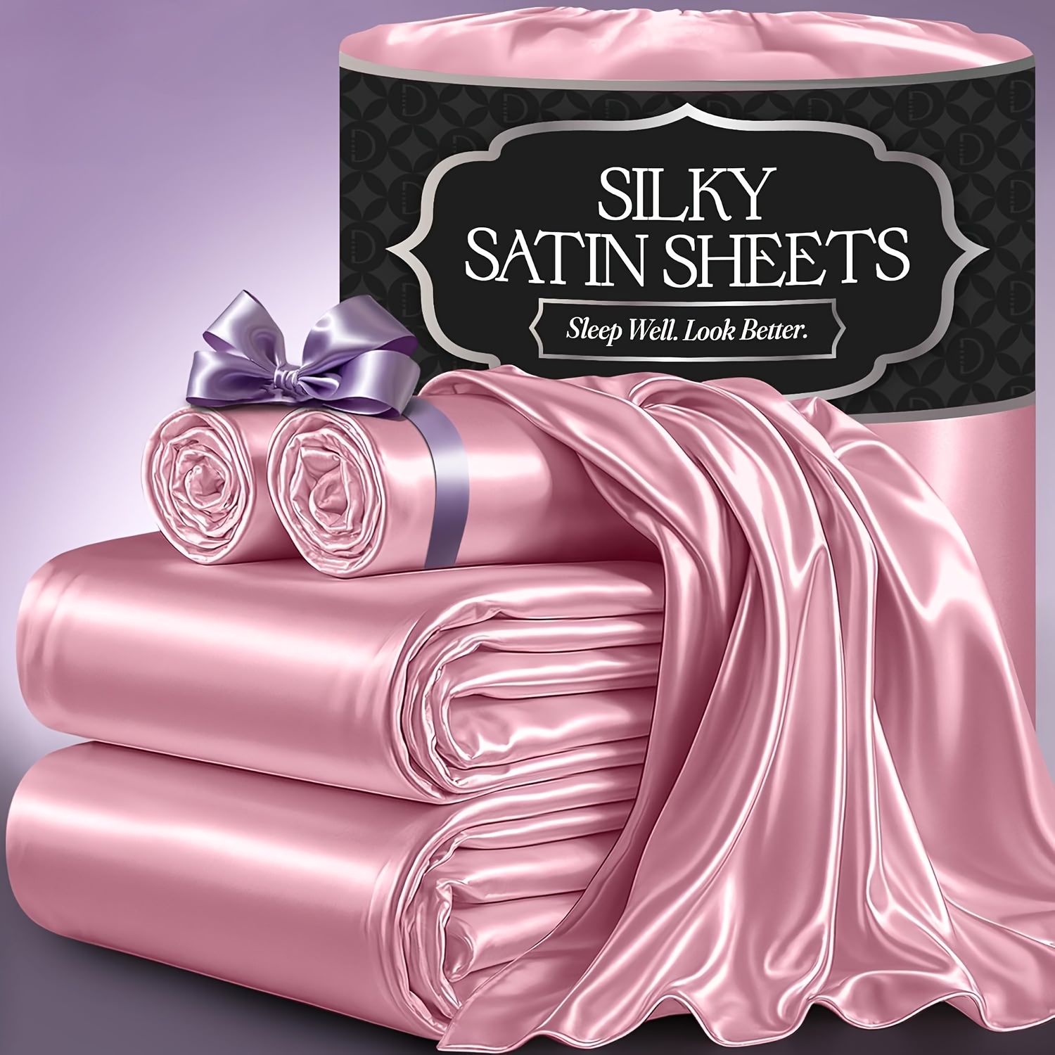 TEMU 4pcs Satin Sheet Set - Cooling, Silky, Lightweight & Breathable Microfiber - Deep Pocket Fitted Sheet + Flat Sheet & 2 Pillowcases, Solid Color,