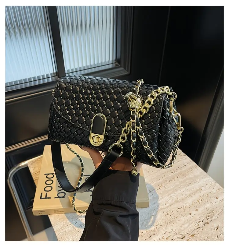 chic black woven crossbody bag for women versatile shoulder bag with detachable strap zip closure hardware casual or formal outfits Product details 12