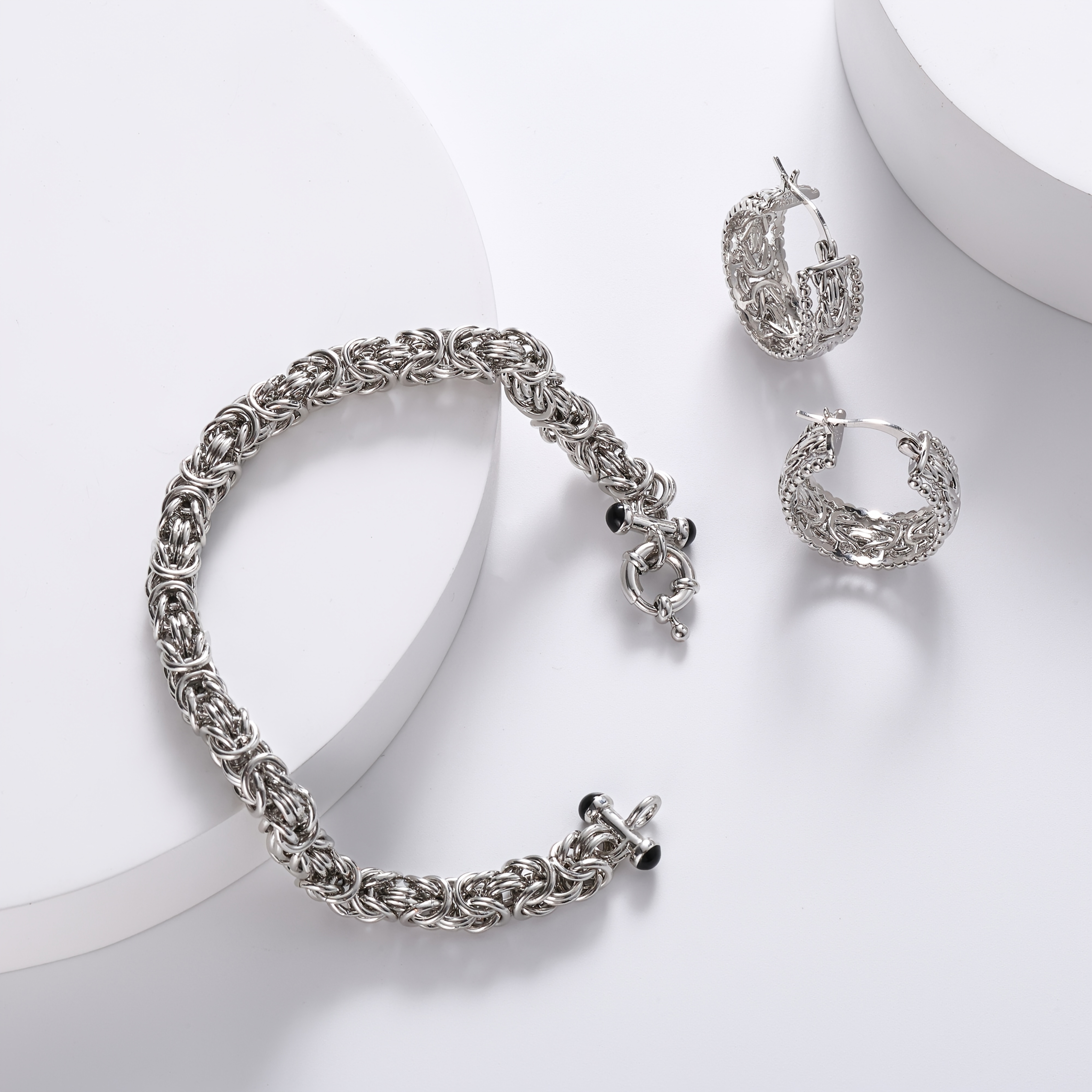 Women's 925 Sterling Silver Heavy Woven Bangle & Hoop Earrings Set