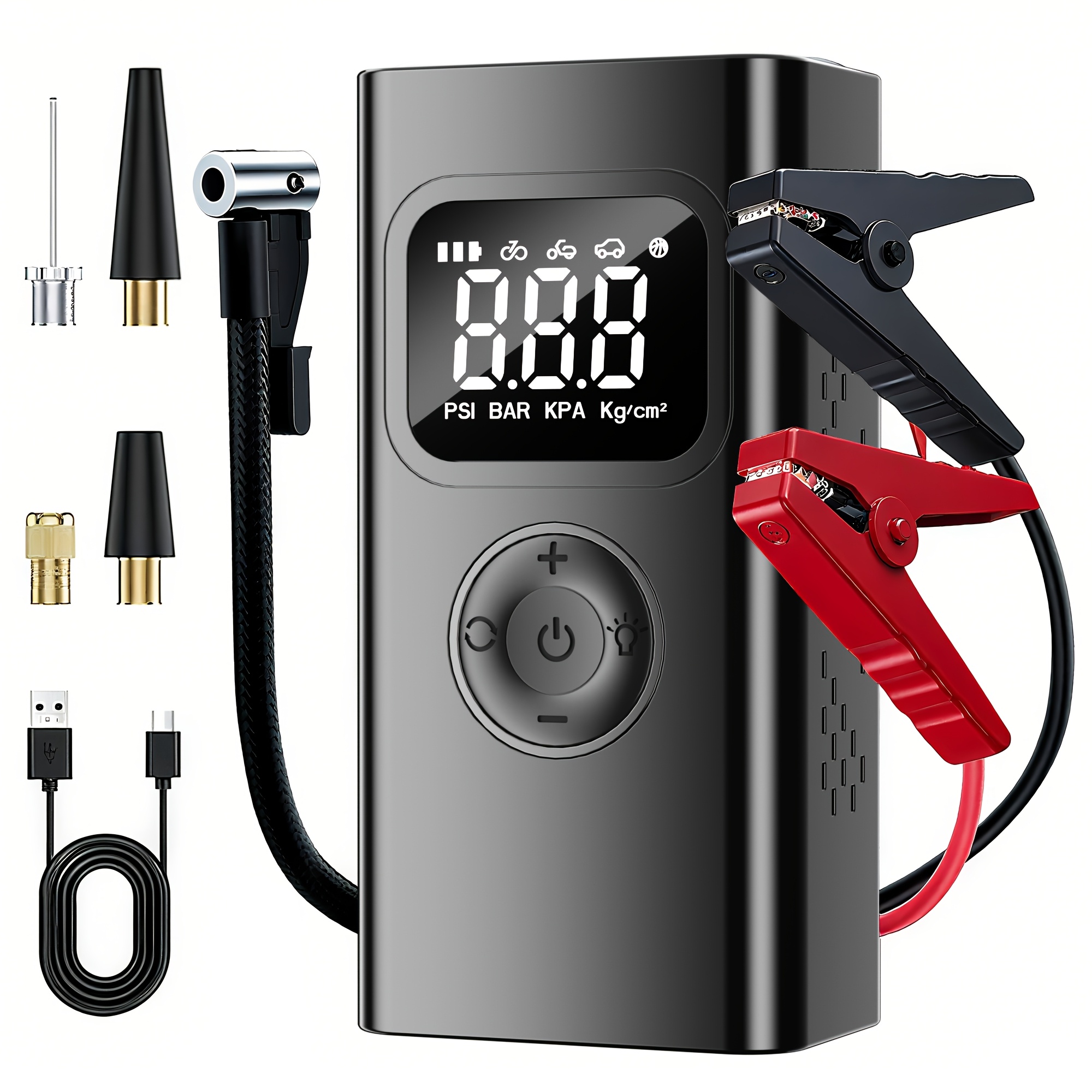 E-shop Luftkompressor mit Auto-Notstromstarter, Auto-Batterie-Starthilfe (für 5,0-l-Benzin-/3,0-l-Dieselmotoren), 150 PSI Reifenbefüllung,