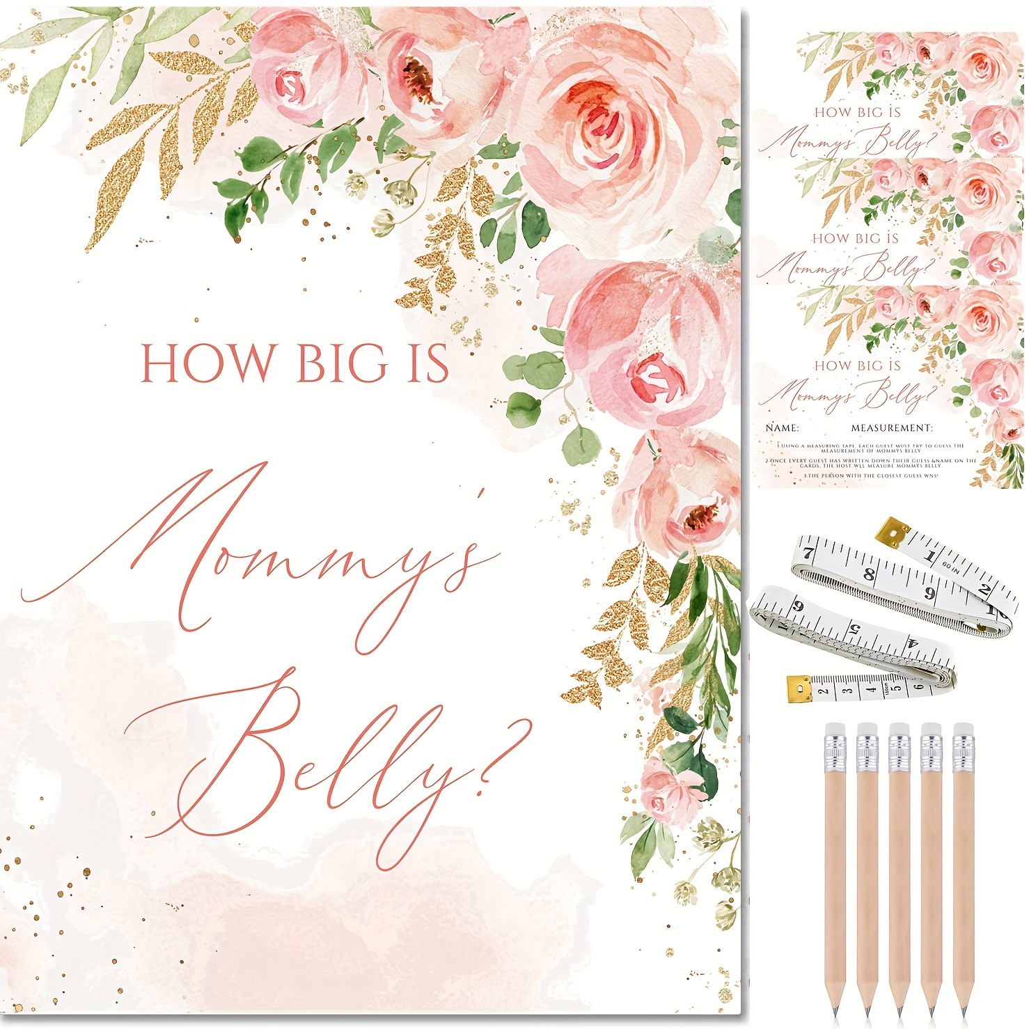 

1pc, Baby Shower Party Game Set, "how Big Is Belly" Floral Sign (18x13cm), 20 Guess Cards (10x7cm), 5 Pencils, 2 Soft Measuring Tapes, Pink & Golden , Fun Guessing Game Kit For Baby Showers