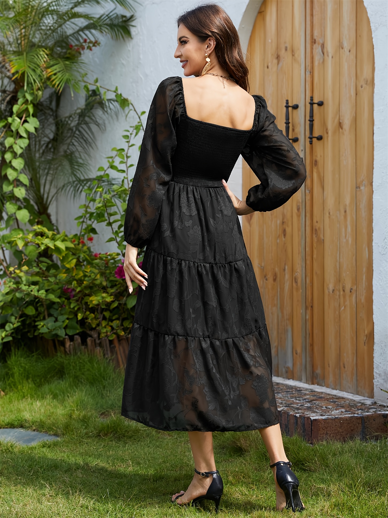 women long sleeve smocked floral flowy dress square neck a - Temu
