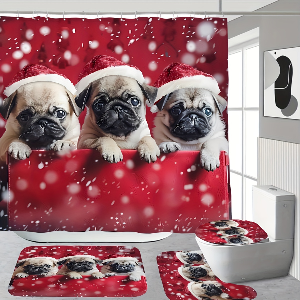 

Christmas Pug Shower Curtain Set Bath Mat And , Polyester , Pattern Bathroom Decor, Includes 12 Plastic , , , Non-bleach