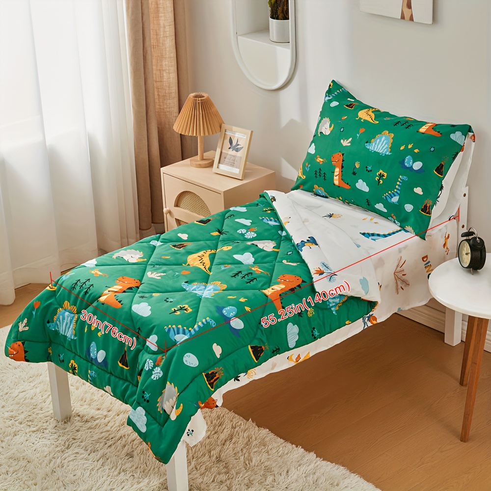 Four-Piece Green Dinosaur Pattern Kids Bedding Set