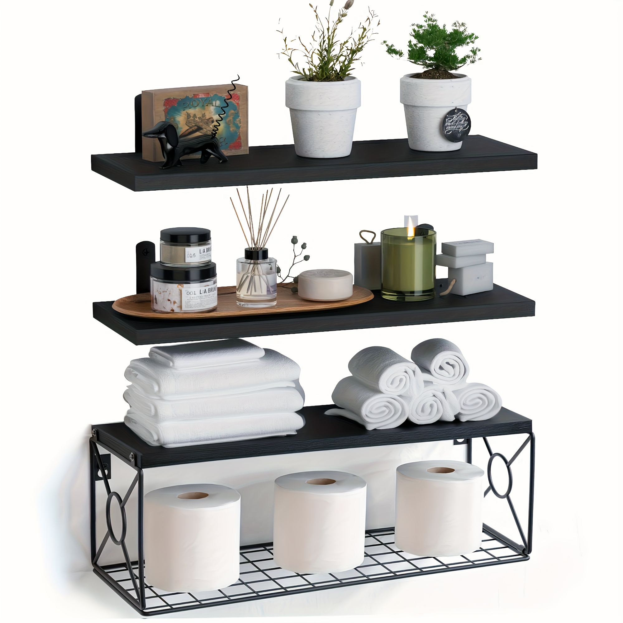 TEMU Set Of 3 Floating Shelves For Bathroom Storage Above The Toilet, Complete With A Storage Basket, Ideal For Organizing And Decorating Rooms Like