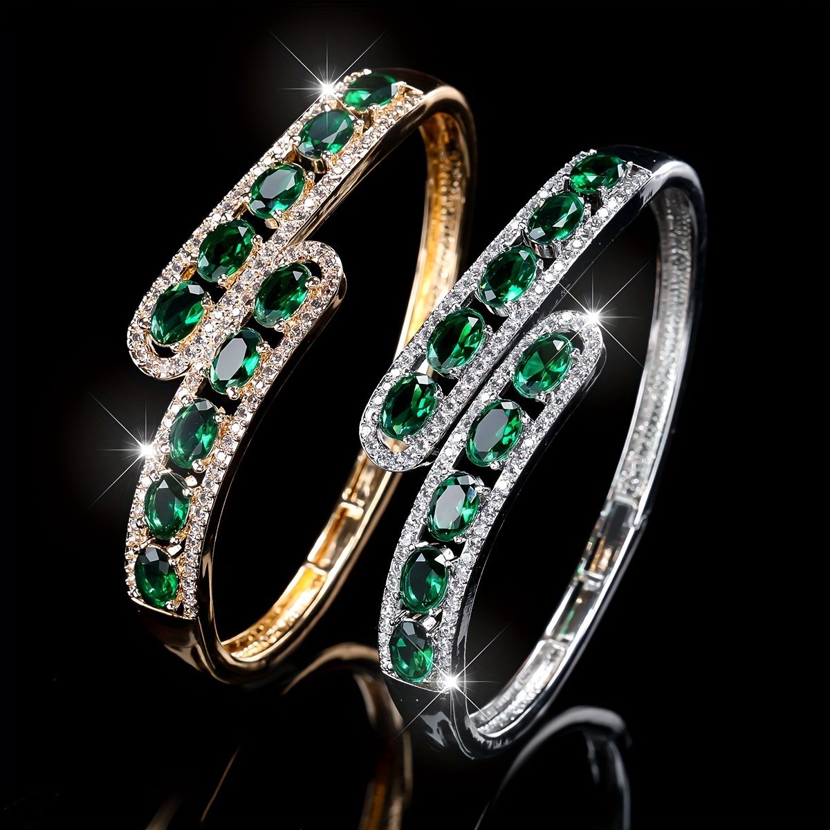 

Elegant Green Cubic Zirconia Bangle Bracelet For Women - Vintage-inspired, Parties & Casual Attire