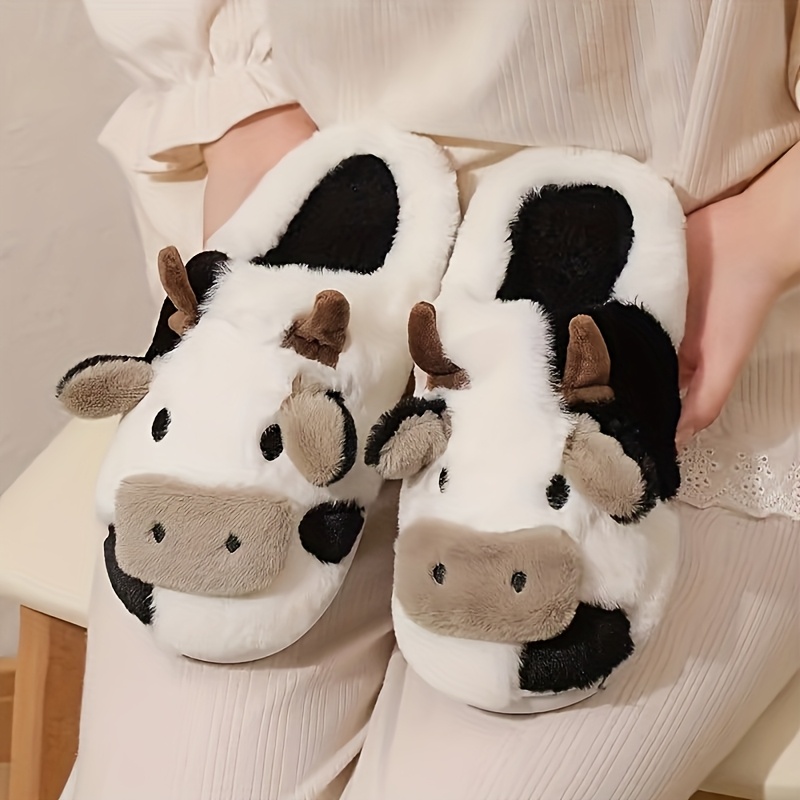 Pantuflas elegantes de mujer con estampado de vaca de dibujos animados  y zapatos de interior para las