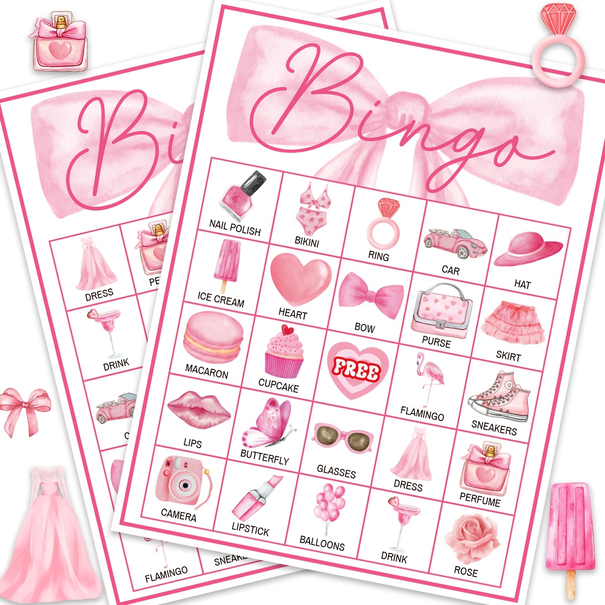 Image of 33pcs Pink Bow Party Bingo Game For 24 Players Party Bingo Game Cards For Large Group Gathering Bachelorette Party Bridal Shower Favors