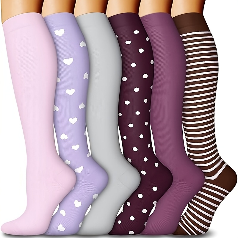 TEMU 6 Pairs Pack Heart Polka Dot & Striped Calf Compression Socks - Purple Breathable Athletic Socks Suitable For &, - For, Gym,, Travel, Machine