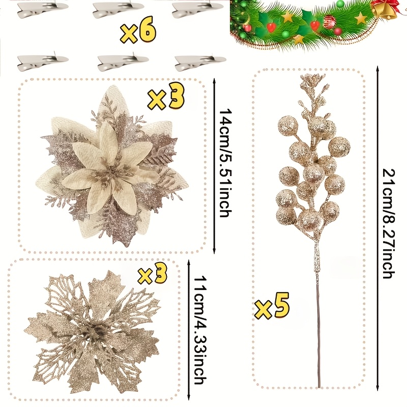 TEMU 17pcs Champagne-colored Christmas Blooming Grass Artificial Flower And Stem Set, 6 Flowers   6 Clips   5 Berries, Christmas Blooming Grass