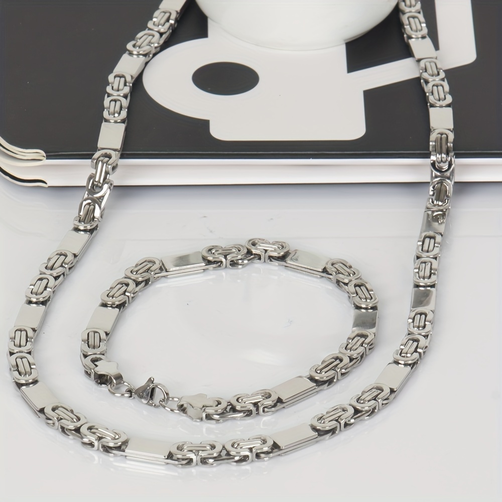 Image of 6mm Wide Stainless Steel Flat Cuban Chain Men's Hip Hop Stainless Necklace + Bracelet European And American Jewelry