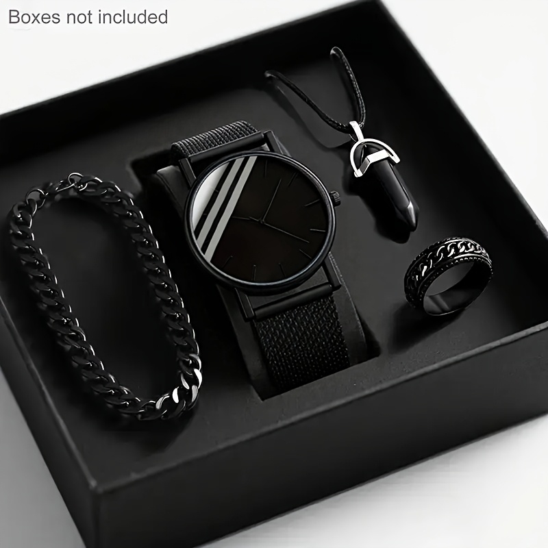 4pcs mens   leisure quartz watch and bracelet necklace ring set suitable for daily wear boyfriend birthday gift graduation travel mens party christmas gift homecoming season fathers day valentines day mens perfect gift