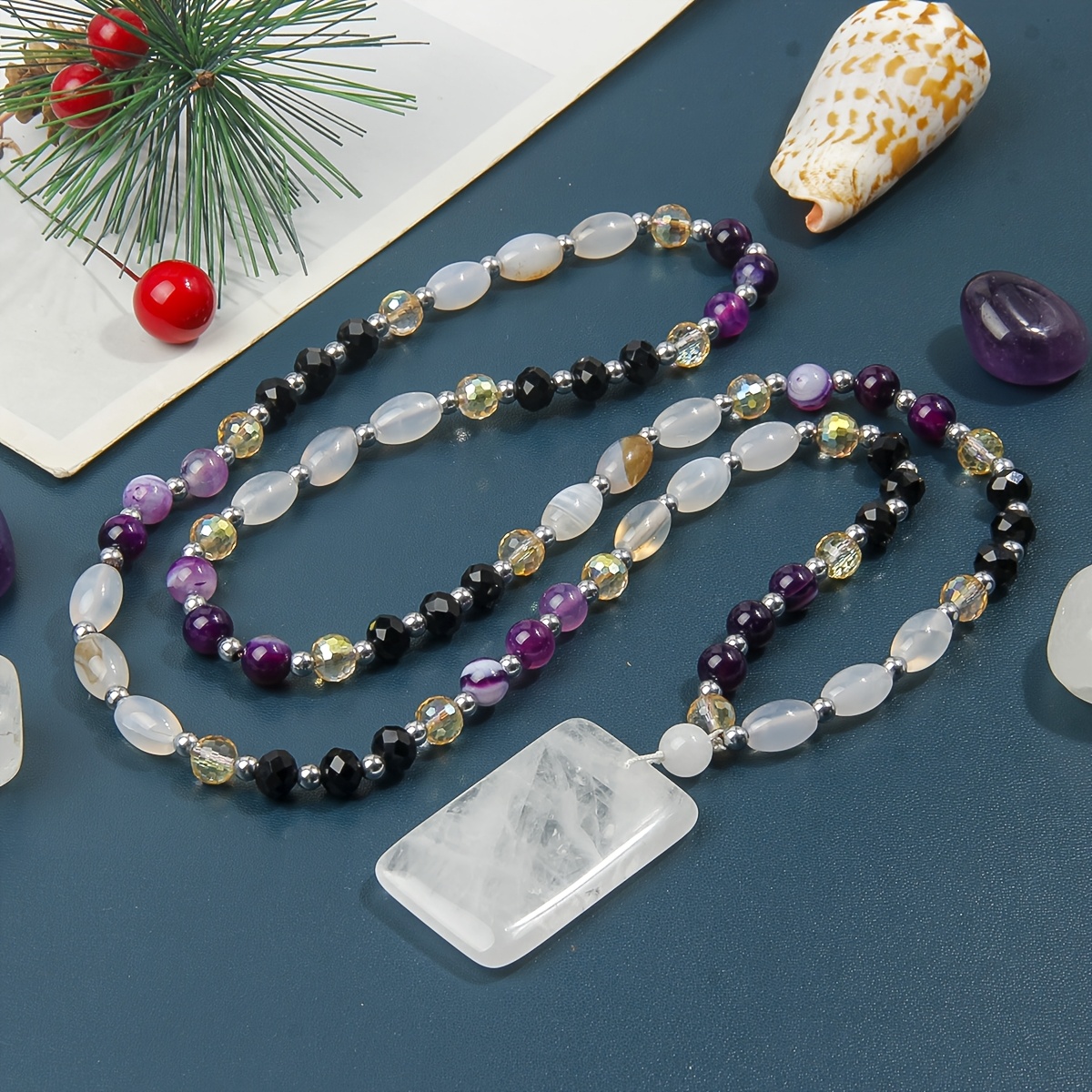 TEMU Crystal Pendant Necklace, Handmade Fashion Jewelry Gift, Multi-loop Stackable Sweater Chain, Light Luxury Niche Design, Stylish Women's Jewelry