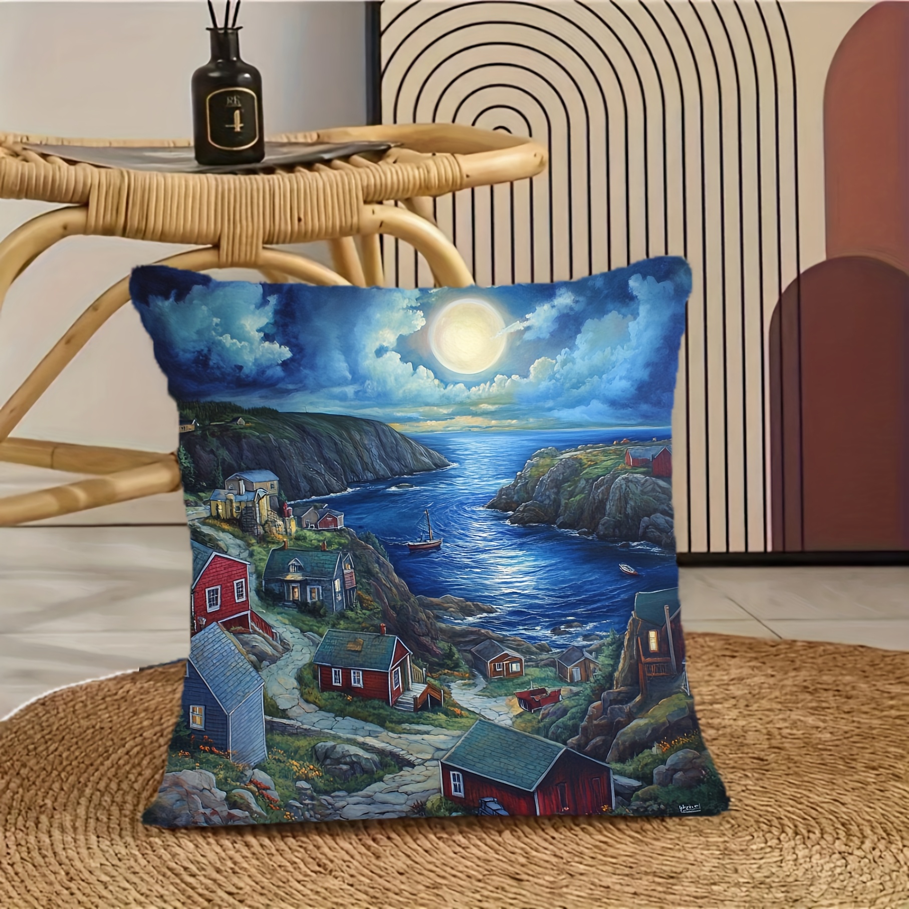 TEMU 1pc Double-sided Printed Short Plush Pillowcase, 18x18 Inches, Polyester Short Plush Pillowcase - Vibrant Scenery With Lighthouse, Red Houses,