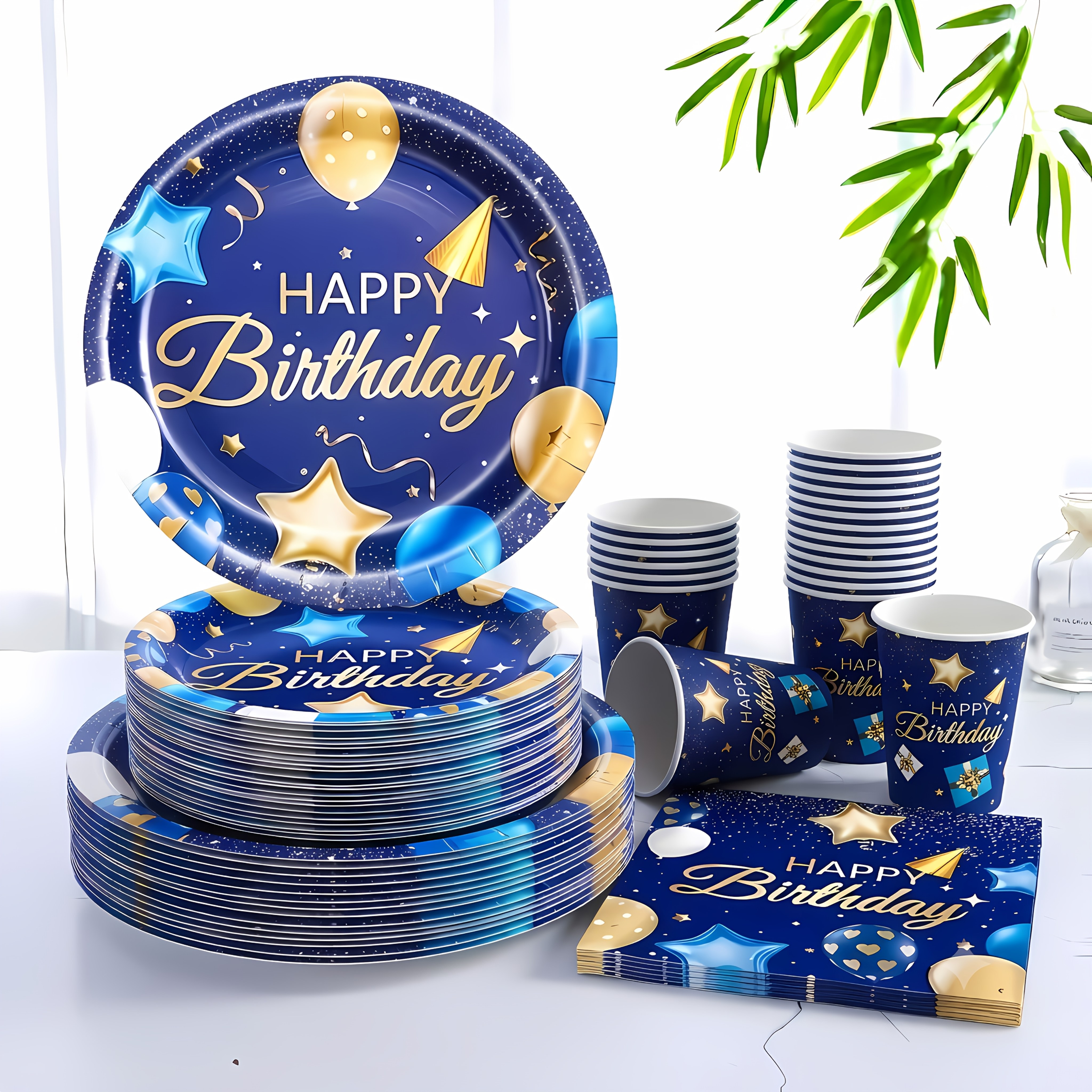 TEMU 80pcs Dark Blue & Golden Happy Birthday Party Tableware Set Suitable For Birthdays, Weddings, Christmas - Plates, Cups, Napkins With Balloons