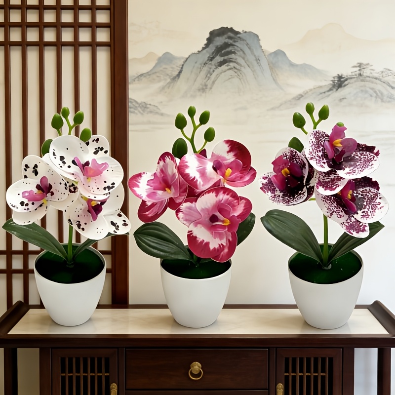 3pcs Artificial Phalaenopsis Orchid Set with White Pots - Realistic Faux Flowers in White-spotted Purple, Spotted Purple, and Rose-red-edged Colors, Lifelike Blooms - No Watering or Maintenance Required, Ideal for Desktop Centerpieces, DIY Birthday