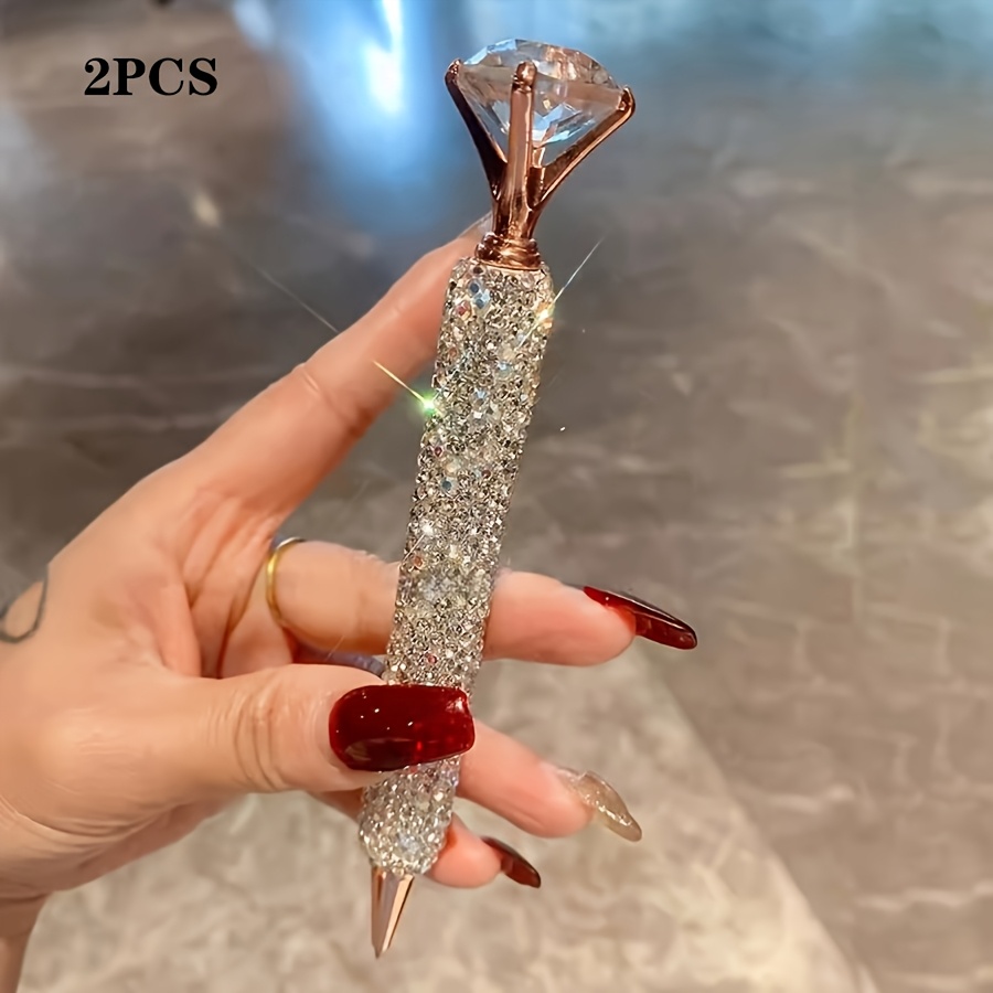 Image of 2pcs Luxurious Round Diamond Pens | Twistable, Medium Point, High-quality Metal, Ideal For Teachers And Students, Professional Writing, Fashionable And Elegant Gifts