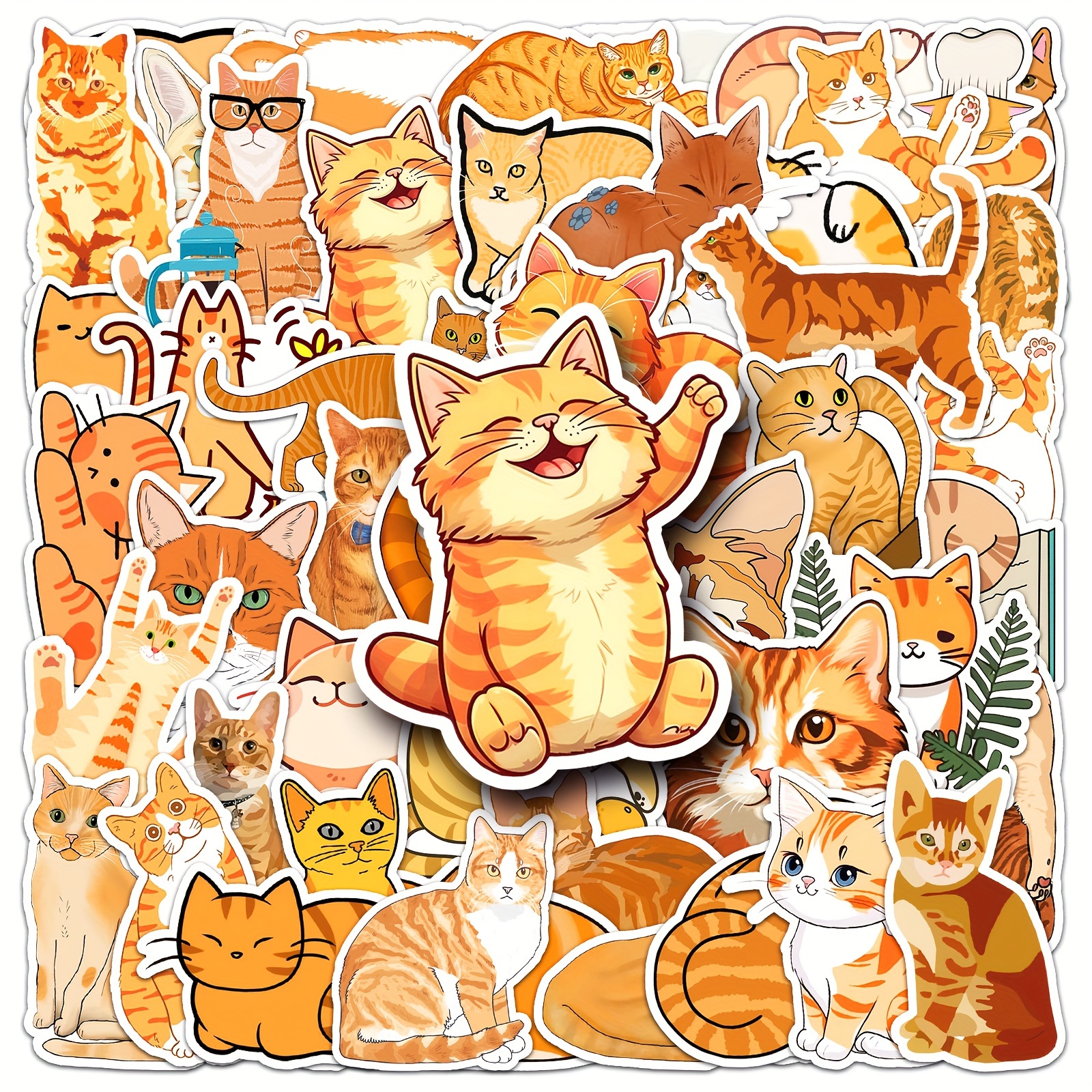 

50 Adorable Orange Tabby Cat Stickers - Perfect For Water Bottles, Phone Cases, Luggage, And More - Pvc Material