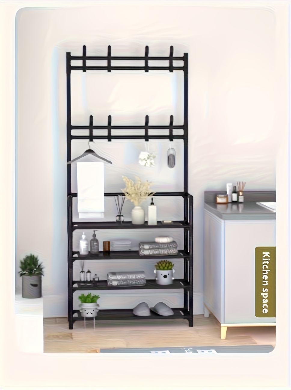 4-5 Tier Hallway Organizer with 8 Hooks - Space-Saving, Easy to Assemble, Durable Design for Entryways And Bedrooms, Minimalist Style - Black/White, Perfect for Entryway Storage, Freestanding Shoe Rack