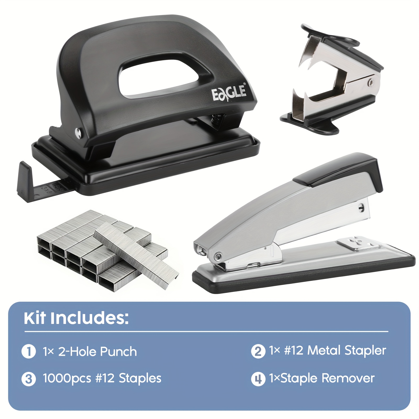 E-shop 2-Loch-Locher + 12# , inkl. 1000 Klammern, Schreibtisch-Büroset, 25-Seiten-Kapazität, Metallkonstruktion, mühelose und verstopfungsfreie