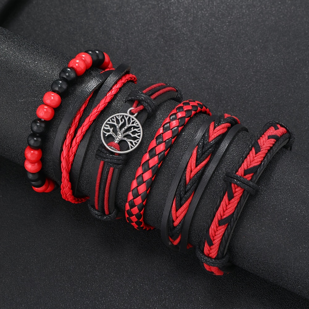 

6pcs Men's Retro Woven Pu Leather Rope Bracelet, Braided Tree Of Life Men's Faux Leather Bracelet