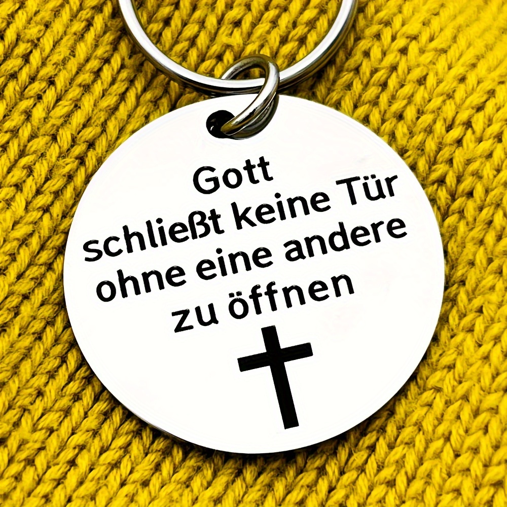 An German Keychain With A Stainless Steel Round Tag Featuring A Slogan, A Keyring With A Cross Symbol, Religious Accessory, Durable, With A Silvery End