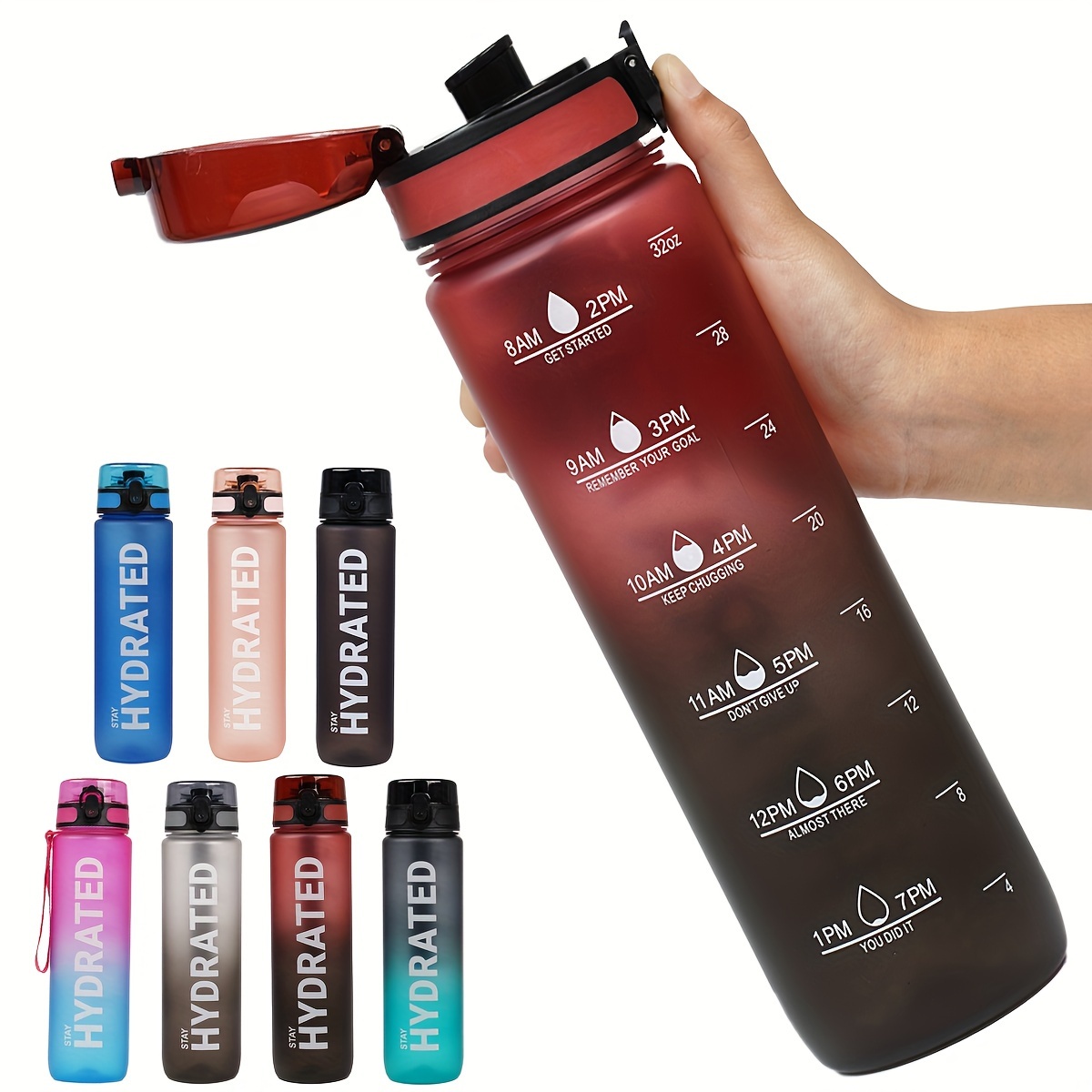 

Motivational Bottle With Time Marker - 32oz/1000ml Or 28oz/800ml, Leak-proof Wide Mouth For Running & Fitness, Polycarbonate, Black