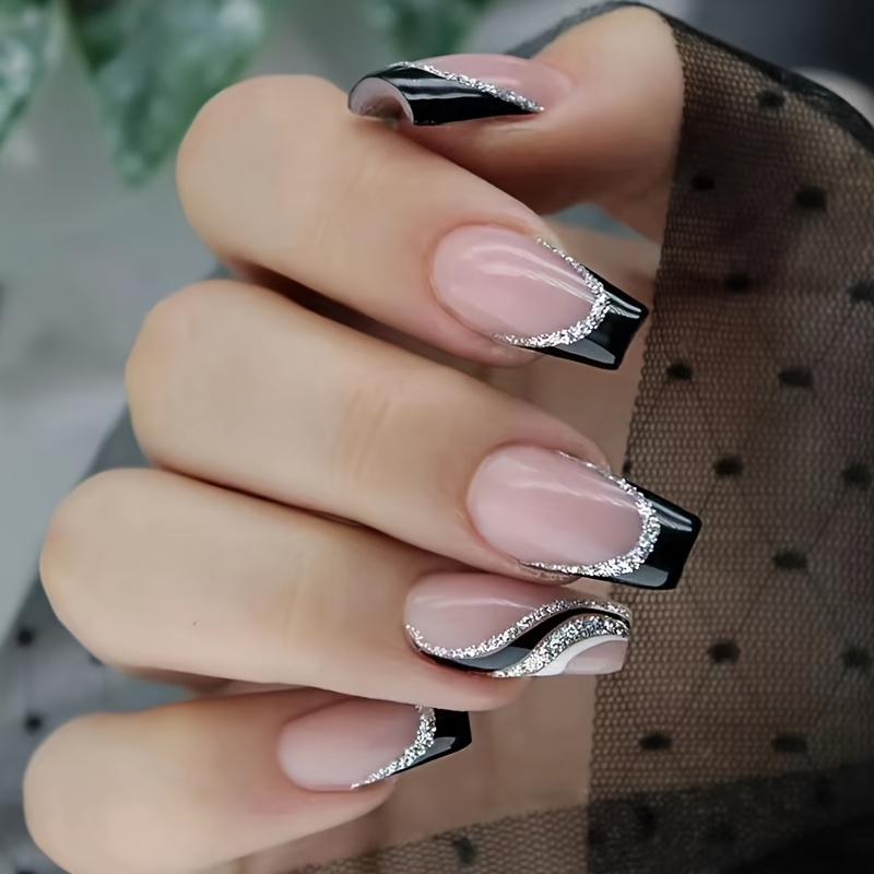 24pcs Medium Length Trapezoidal Black And White Contrast Striped Nails With Glitter And 1pc Jelly Glue And 1pc Nail File
