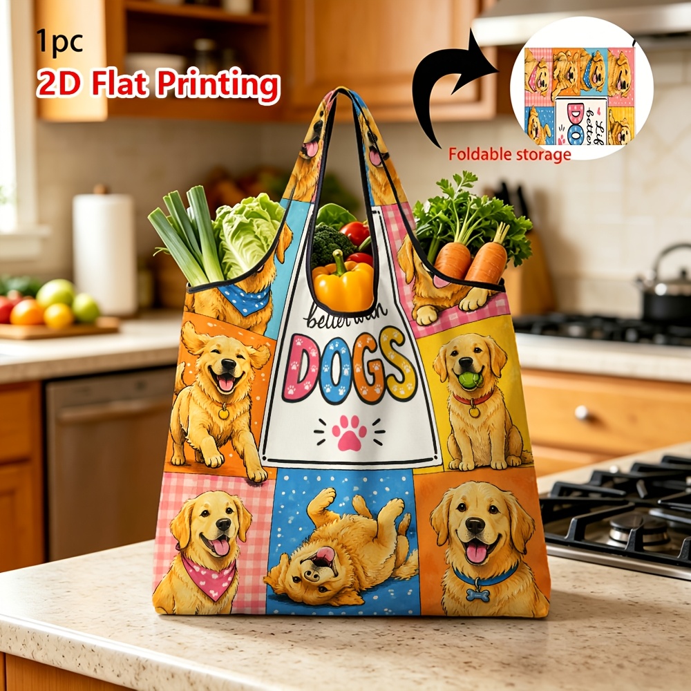 TEMU (printed Design Not Textured) 1pc Reusable Grocery Bags With Cute Golden Retriever Dogs Pattern Foldable Shopping Tote Bag