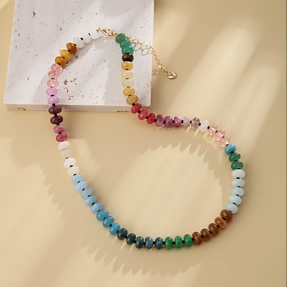 

Bohemian Rainbow Bead Necklace, Colorful Natural Stone Choker, Adjustable Clasp, Boho Summer Gift, Minimalist Style Jewelry For Women