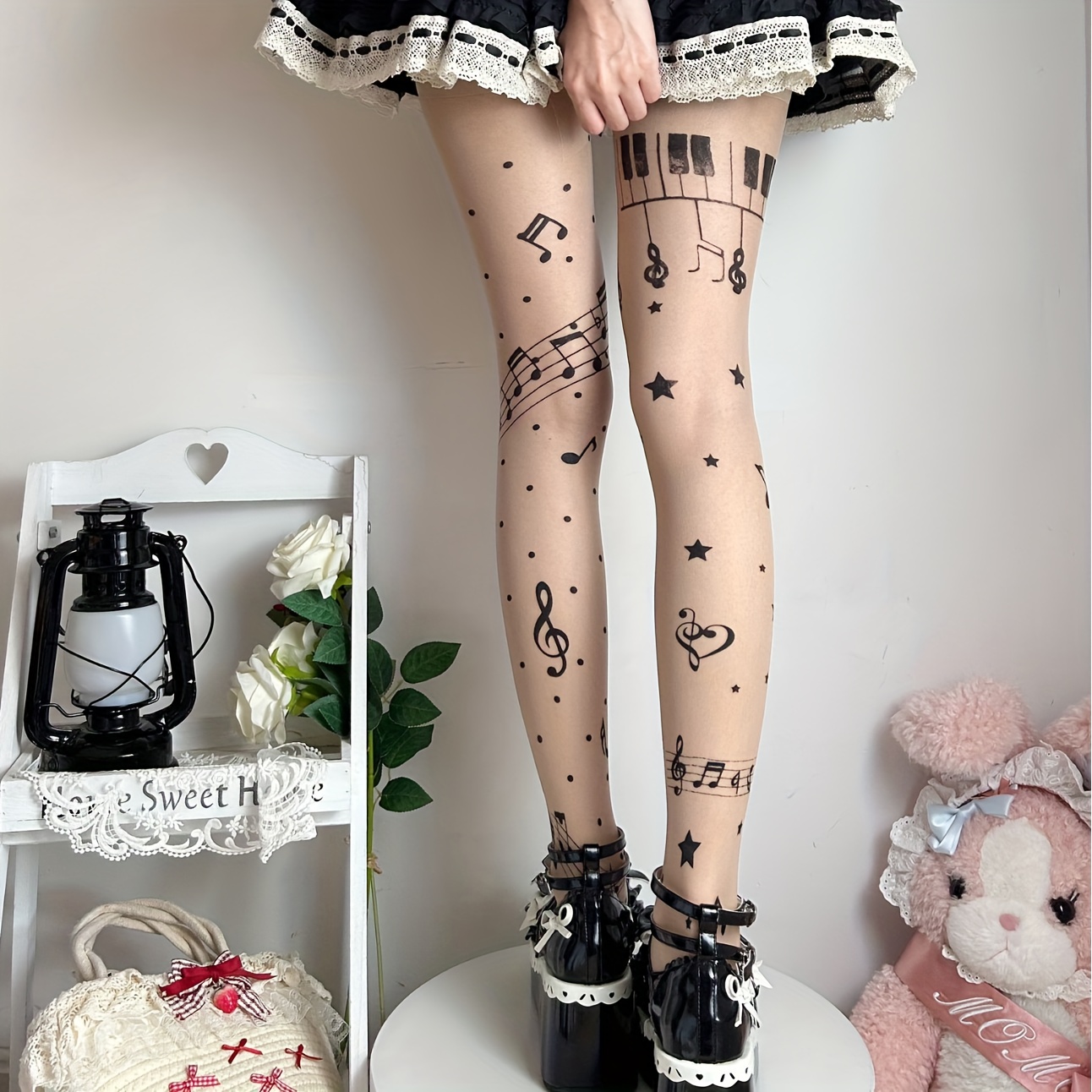 1 Pair Women's Sweet Note Tights, Women's Thin Black And Socks Printed Tights
