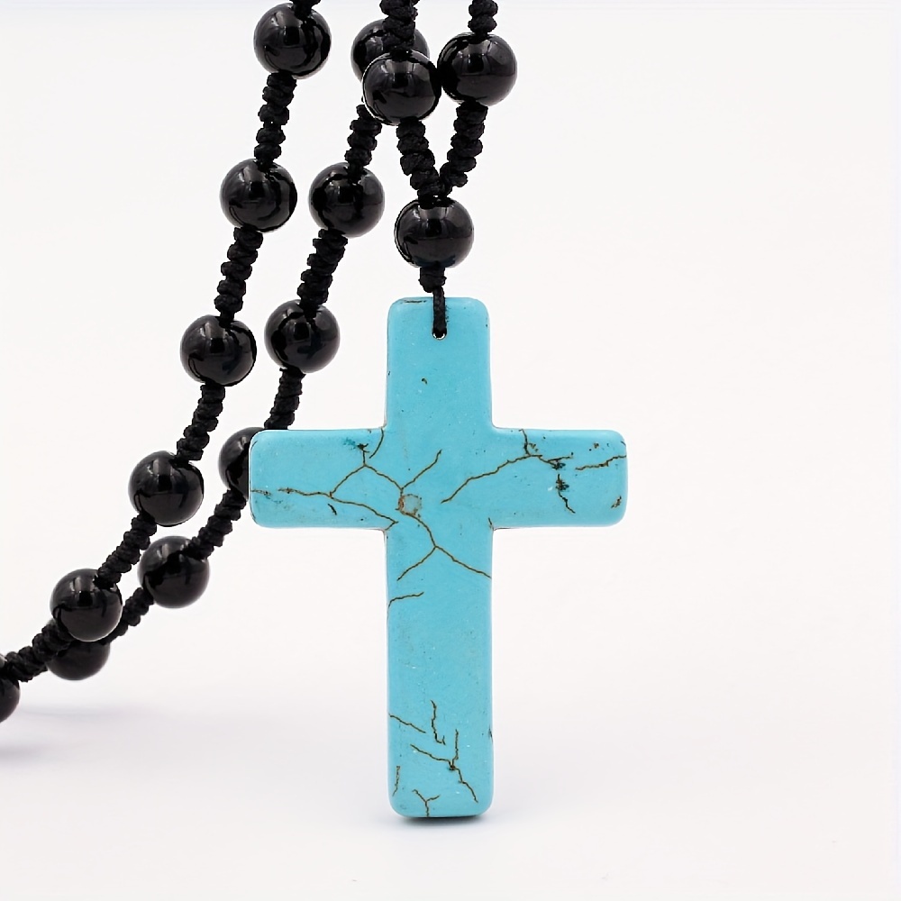 Image of 1pc Turquoise Pendant Religious Necklace, Black Glass Beads Braided Long Chain Rosary Necklace For Men Jewelry Gift