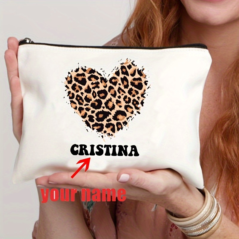 

Personalized Leopard Heart Print Cosmetic Bag, Polyester White Zipper Makeup Pouch, Unisex-adult Travel Lipstick Case, Non- Custom Name Canvas Toiletry Organizer, Unscented With Durable Random Print