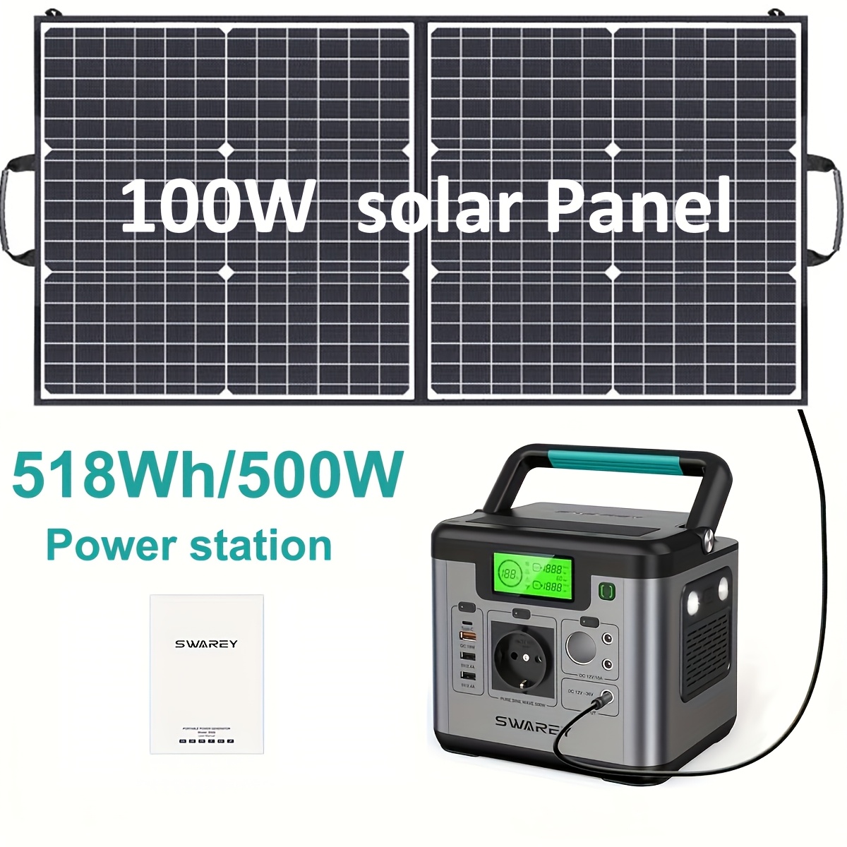 SWAREY Power Station PRO s 100W sončno ploščo, Power Bank 518Wh litijeva baterija, solarni generator s 500W (največ 1000W) AC izhodom, USB-C