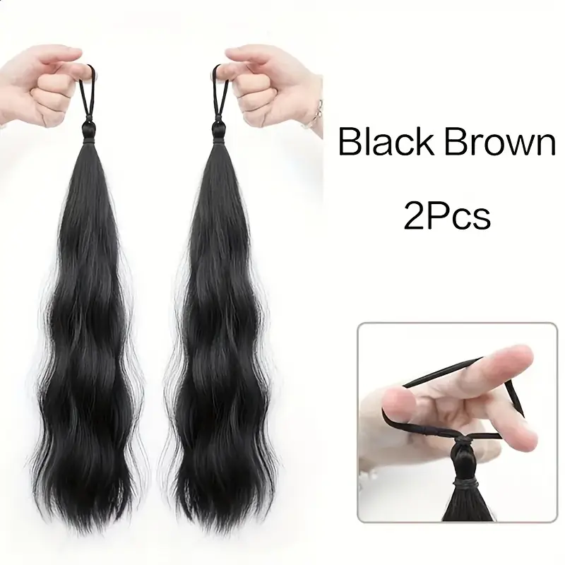 2pcs set of synthetic hair long wavy braided ponytail band with elastic rubber band straight style womens elastic hair loop suitable for hairstyles wigs details 0