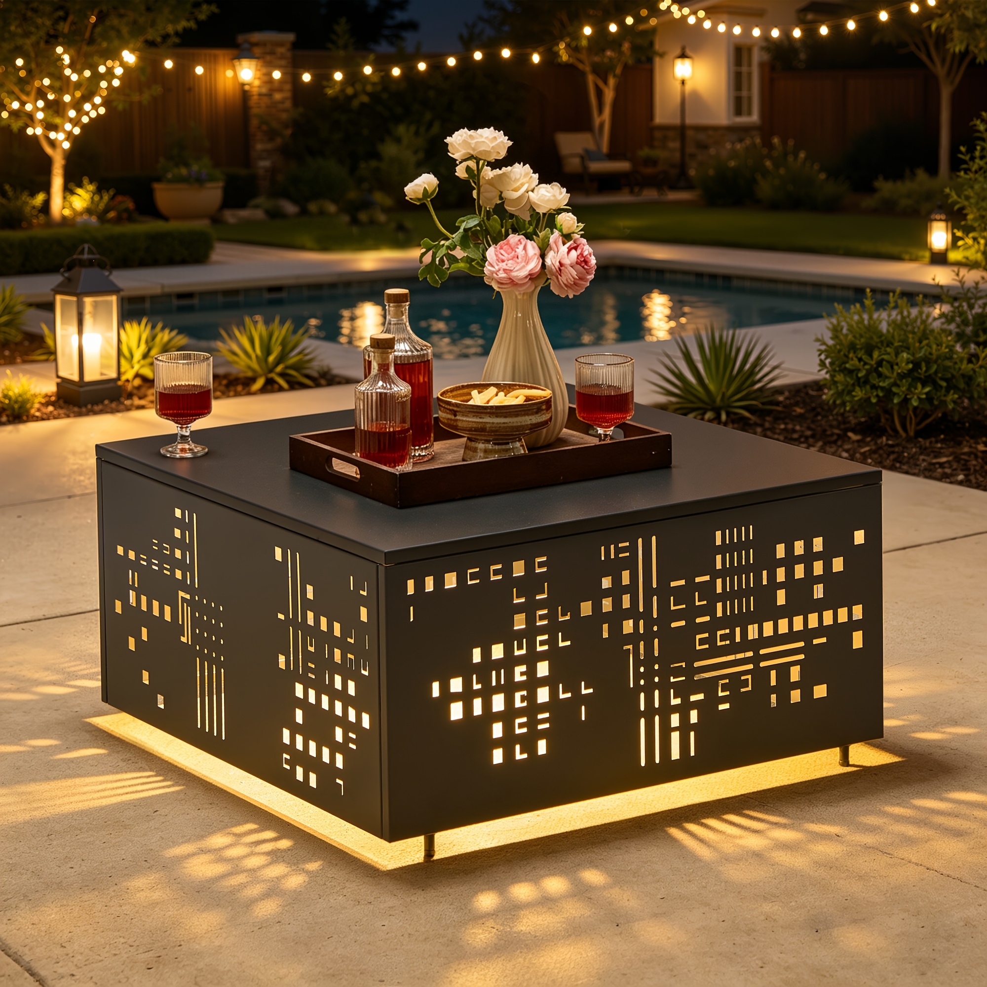 Only One Outdoor Metal Coffee Table with Lights And An Umbrella Pole Hole, Black Or Gray Two Table Color Options, A Coffee Table Suitable for Pairing with Outdoor Patio Furniture, Easy to Assemble