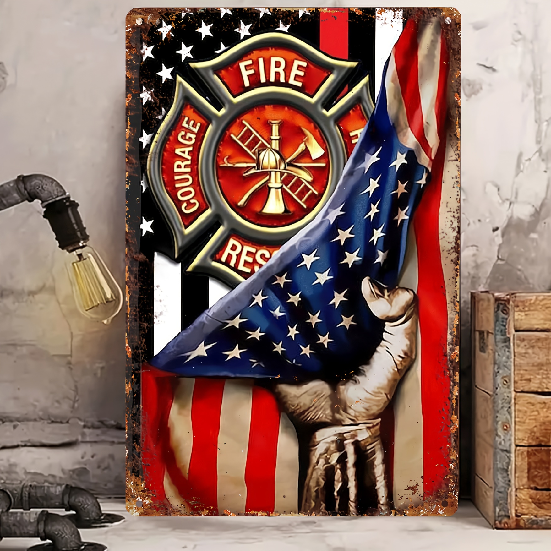 

1pc Vintage Firefighter Metal Tin Sign - Patriotic American Flag & , Rustic Iron Home & Outdoor Decor, No Electricity Required, Featherless - 20x30cm