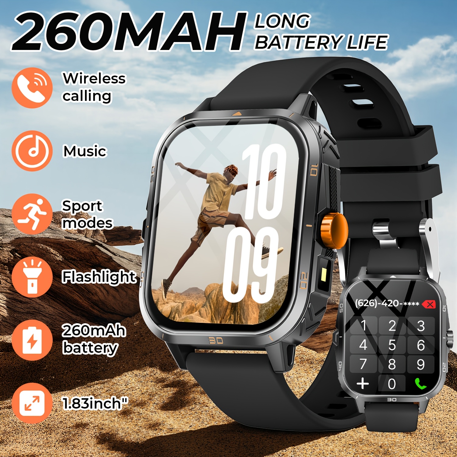 Versatile 1.83-Inch Large Display Smartwatch with Wireless Calling, Music Playback, Calorie Tracking, Step Counting, Stylish Watch Faces, And a Long-Lasting 260Mah Battery, Suitable for Students, Adults, And Business Sports