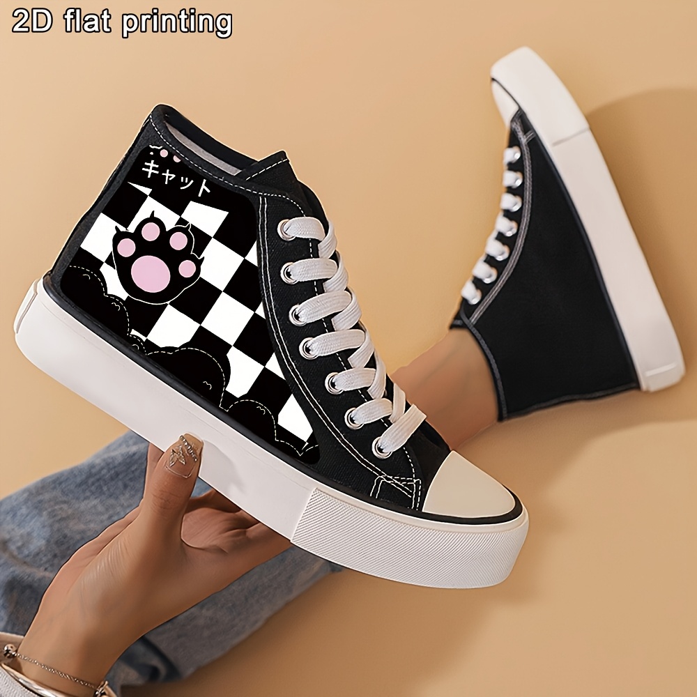 Canvas Shoes Cat High Top Shoes Women's Black White Checkered Cat
