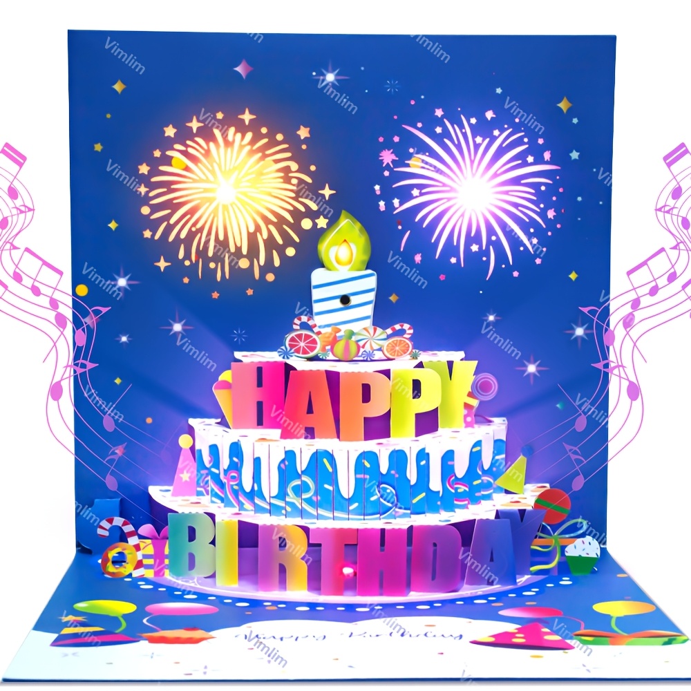 Image of Blowable Candle 3d Music Pop-up Birthday Card With Fireworks Led Lights And Music, Card With Envelope, Perfect Gift For Family Mom Dad Woman For Man