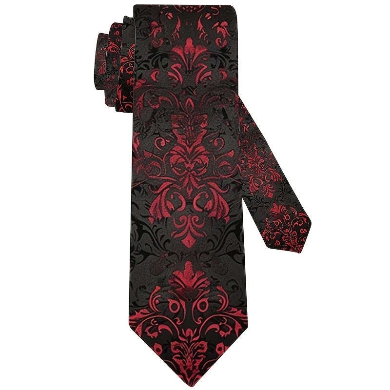 TEMU 1pc, Red Black Curly Grass Pattern Printed Tie, Casual Occasion, Daily Wear, Men's Tie, Good Gift For Men