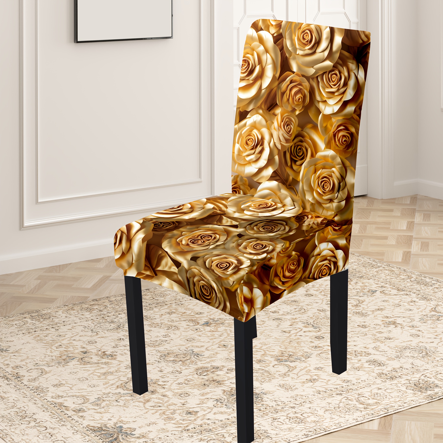 

Pattern Digital Print Stretch Dining Chair Covers, Polyester And Spandex Blend, Set Of 4/6, Machine Washable, Elastic Band Slipcovers For Home And Restaurant Decor - Golden