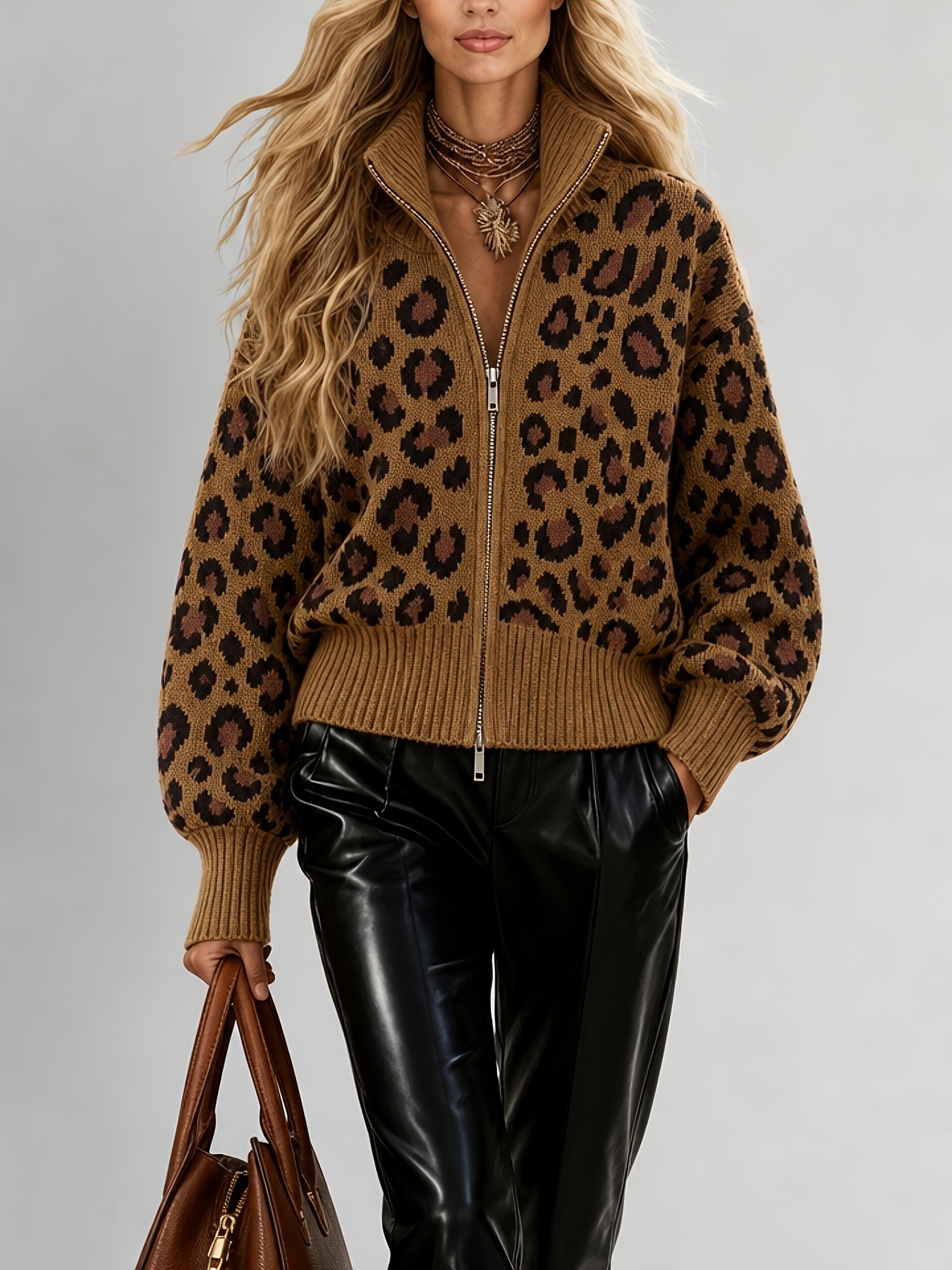 item picture caramel leopard print double zipper high neck jacket hot loose bubble sleeve vintage sweater cardigan asd1