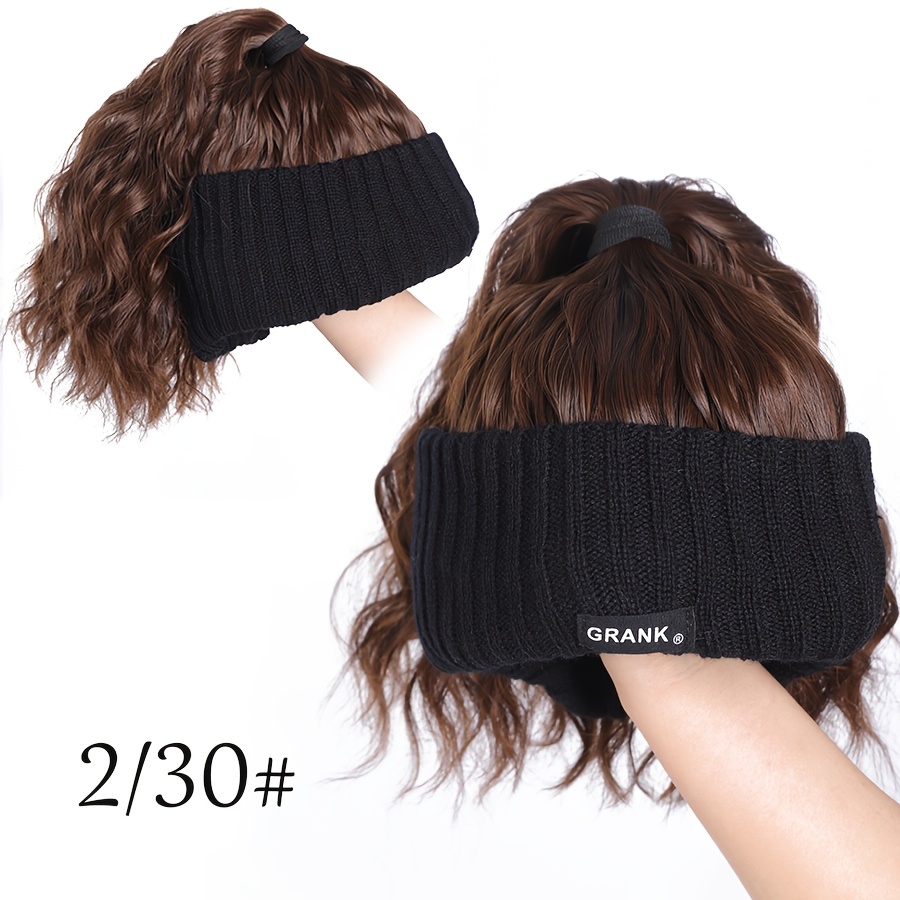 Image of Brown Synthetic Short Curly Ponytail Hat Wig Fake Hair Extension Wig With Hat Adjustable Plush Knitted Cap Wig