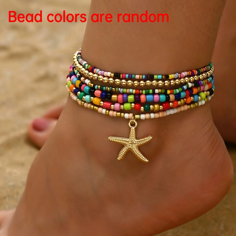 TEMU 6pcs Bohemian Beach Colorful Beaded Anklet Set, Summer Ocean Starfish Pendant Bead Anklet(bead Colors Are Random)