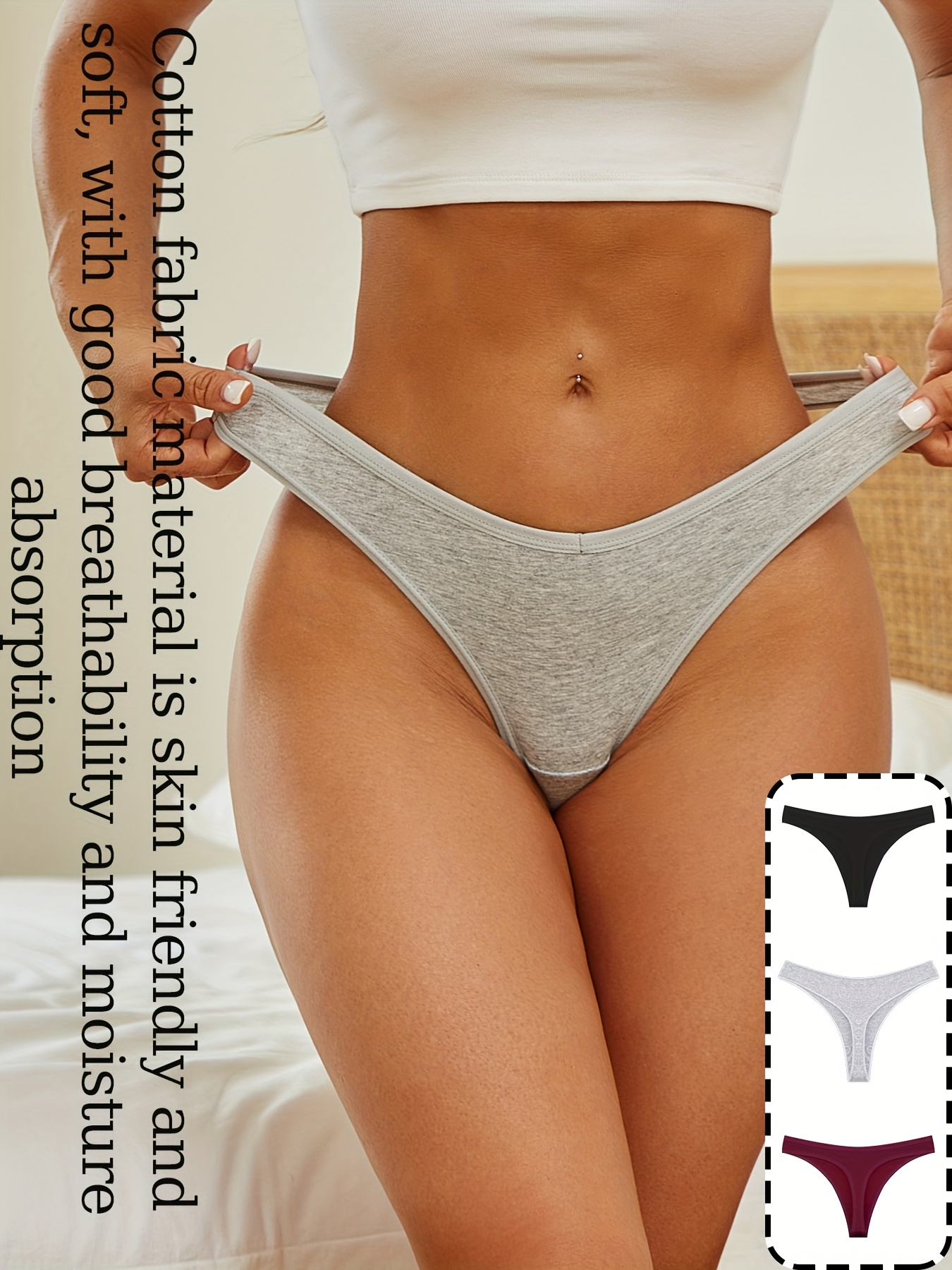 3 парчиња женски памучни танга - меки ниски бесшевни v-струни, еднобојни (сиво/црно/бургунди) - дишливи за секојдневна удобност и секси минималистички дизајн, интимна облека, елегантен в-стринг стил, висококвалитетна ткаенина детали 1