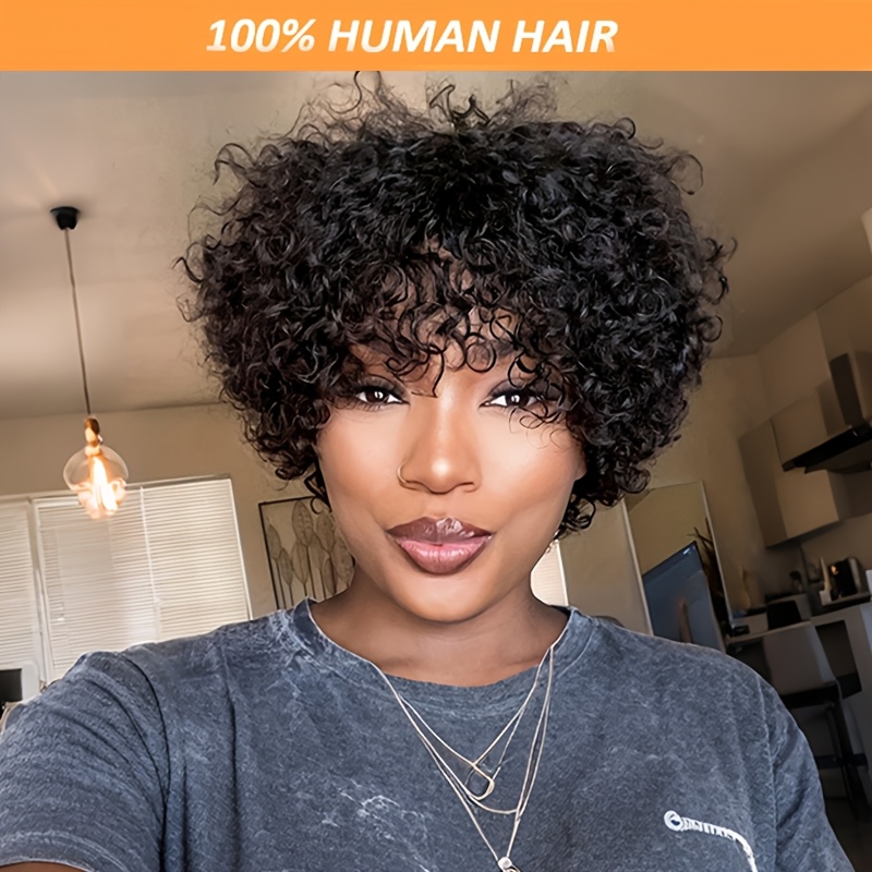 Image of Women's Real Brazilian Hair Wig With Bangs | Natural Look Curly Cut, 180% Density, Easy To Style & , Suitable For Everyday & Special Occasions, Versatile Short Hair Wig For Women.