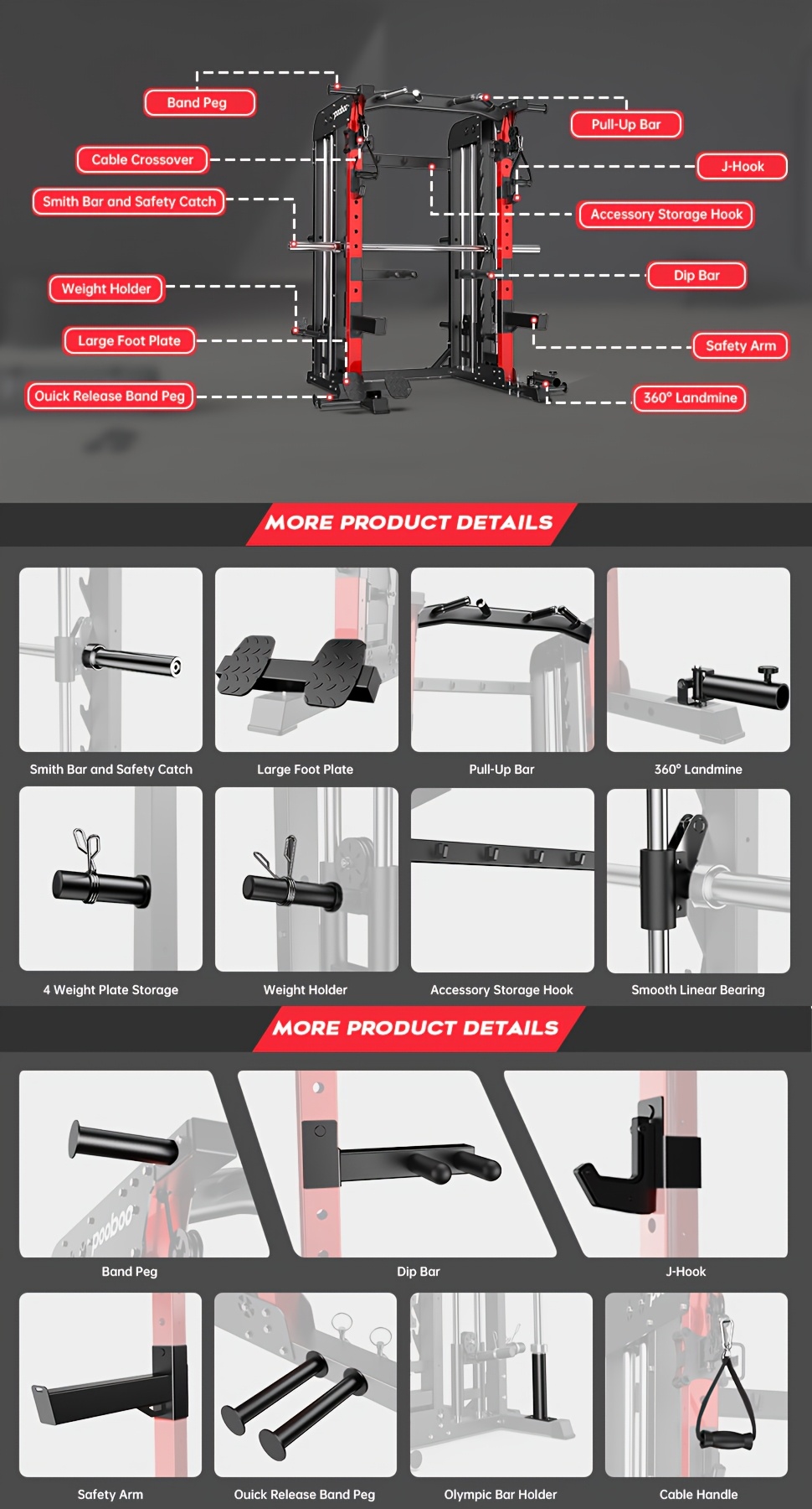 multi functional power rack cage with 2000   capacity lat pull down j hooks dip bars t bar cable handles and other attachments home gym exercise machine   workout equipment Product details 1