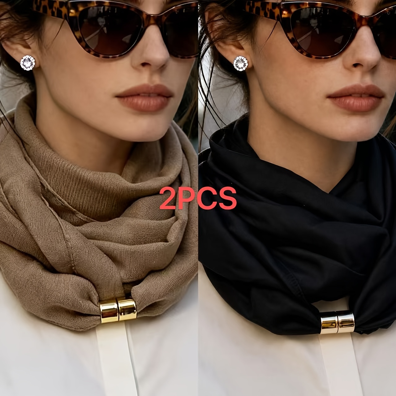 TEMU Juego de 2 pañuelos ligeros y transpirables con broche magnético dorado, adecuados para y otoño, pañuelos versátiles de color liso para otoño e